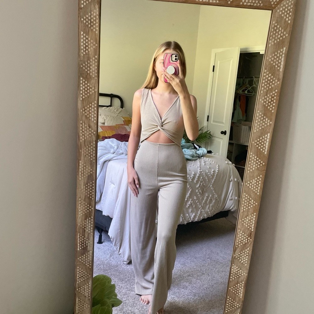 Sleeveless Twist-Front Ribbed Jumpsuit in Light Beige